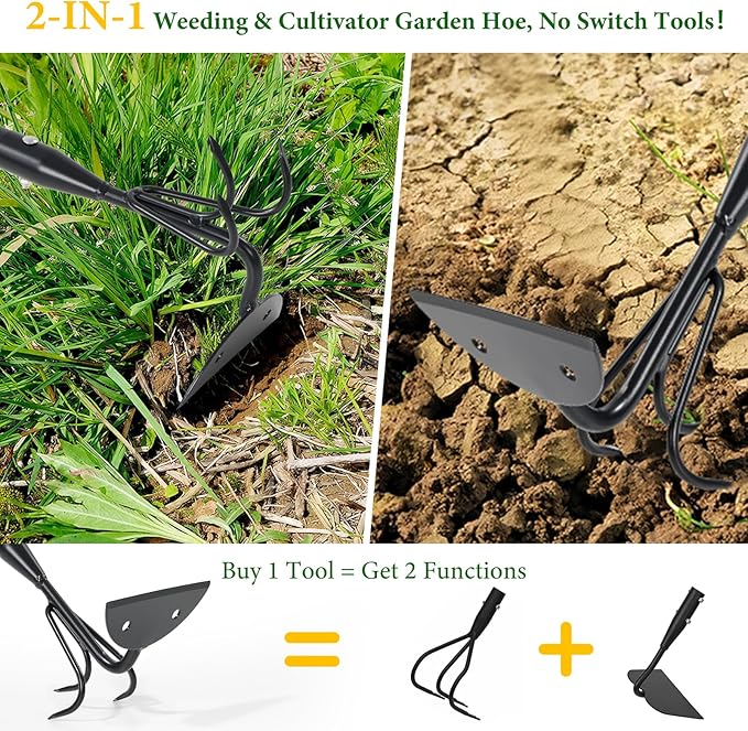 Garden Hoe - Heavy Duty 2 in 1 Hoe Garden Tool with Cultivator Claw Rake,75 Inch Long Handle Hoes for Weeding,Loosening Soil,Hand Weeder Tools for Indoor Outdoor Gardening,Planting,Cultivating,Digging