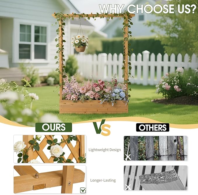 VINGLI Raised Garden Bed with Trellis & Hanging Roof, Wooden Garden Bed, Outdoor Planter Box for Yard, Garden, Balcony (Teak Color, Taller)