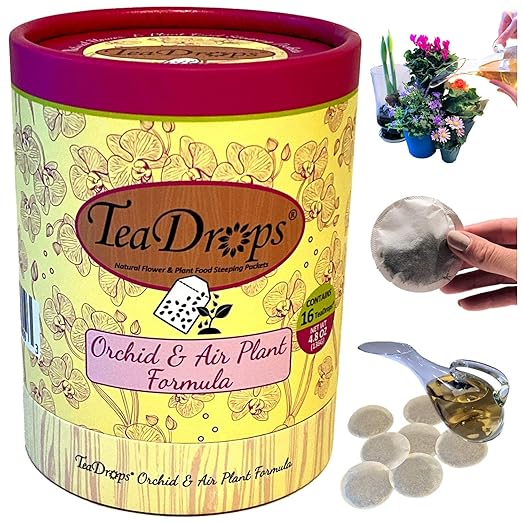TeaDrops Organic Orchid + Bromeliad + Air Plant Fertilizer – 16 Liquid Indoor House Plant Food Packets – Make up to 32 Gallons (Easy use in Watering Can & Containers, Ecofriendly)