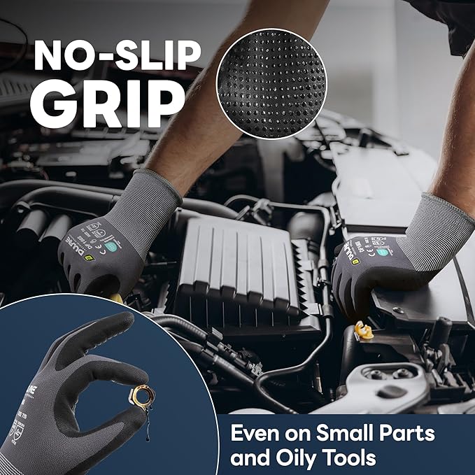 DULFINE Work Gloves for Men and Women,Grey Nylon with MicroFoam Nitrile Coated-12 Pairs Pack, Dots on Palm for Anti-slip and Extra Abrasion Resistant(Extra Large)