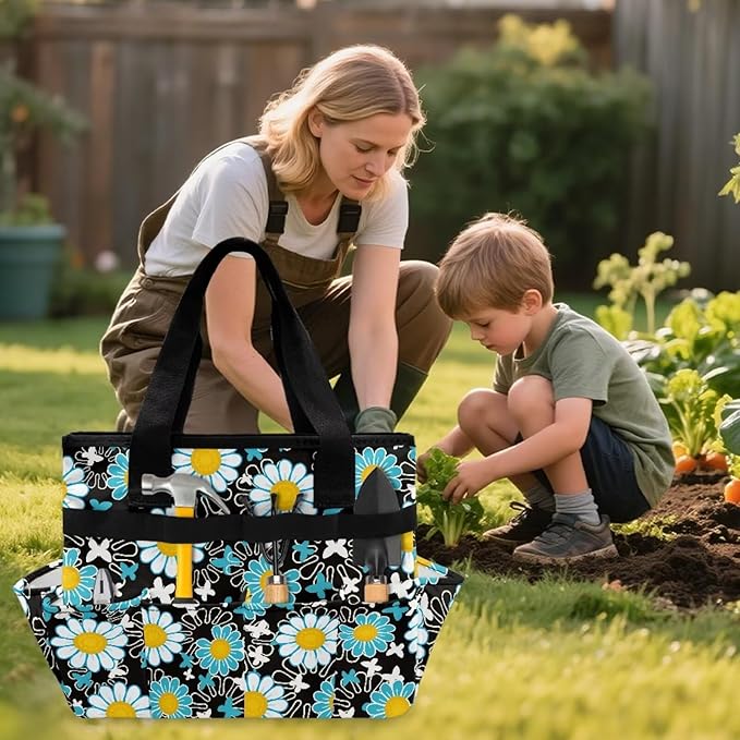 Daisy Print Garden Tool Bag Portable Gardening Tool Organizer Bag with 10 Pockets and Handle Tool Carrier and Storage for Garden Lawn Yard Casual Camp