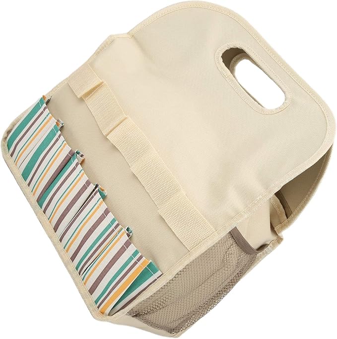 Large Capacity Multifunctional Garden Tool Bag with PE Board 600D Oxford Camping Storage Organizer 10 Pockets Beige Stripe