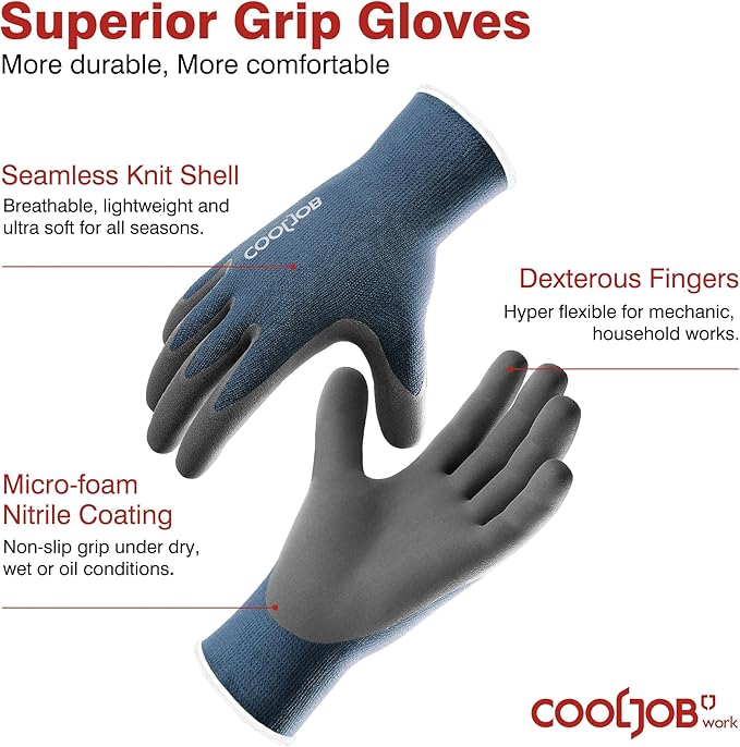 COOLJOB 2 Pairs Micro-Foam Nitrile Safety Work Garden Gloves with Touchscreen Fingers, Lightweight Working for Men’s Sweaty Hands, Non-slip Coated Grip Fits Most Tasks, Large, Blue & Black