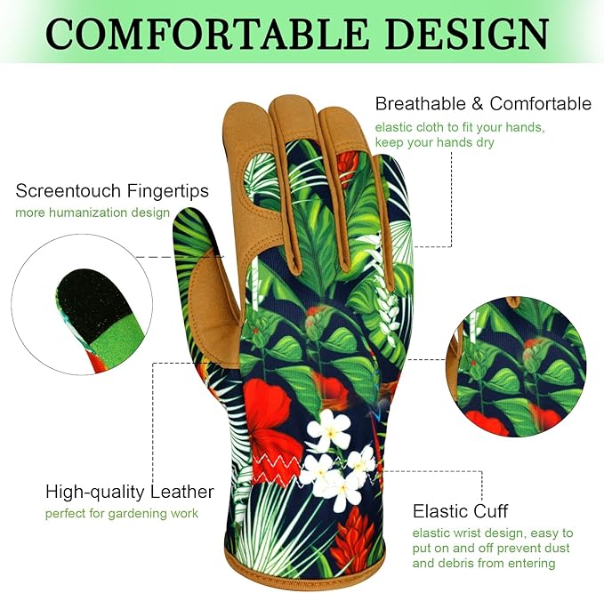 Leather Gardening Gloves for Women Garden Gloves Thorn Proof Touch Screen Design Heavy Duty Working Yard Gloves