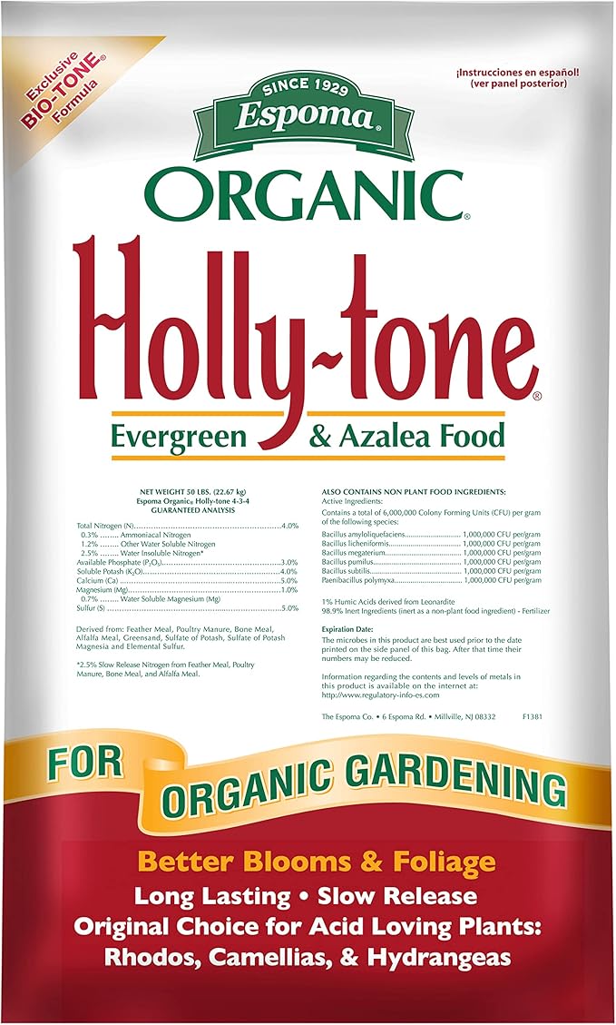 Espoma Organic Holly-Tone 4-3-4 Natural & Organic Evergreen & Azalea Plant Food; 50 lb. Bag; The Original & Best Fertilizer for All Acid Loving Plants Including Rhododendrons & Hydrangeas.