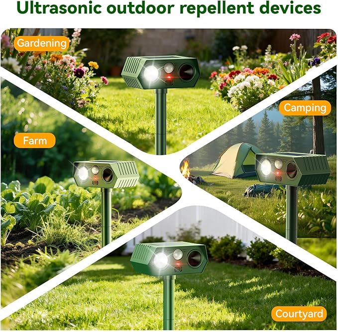2026 Upgraded Solar Ultrasonic Animal Repellent Outdoor Deer Cat Repellent with Motion Sensor Flash Light, IP65 Waterproof Repeller Keep Rodent Squirrel Raccoon Opossum Skunk Out of Yard Farm - 4Pack