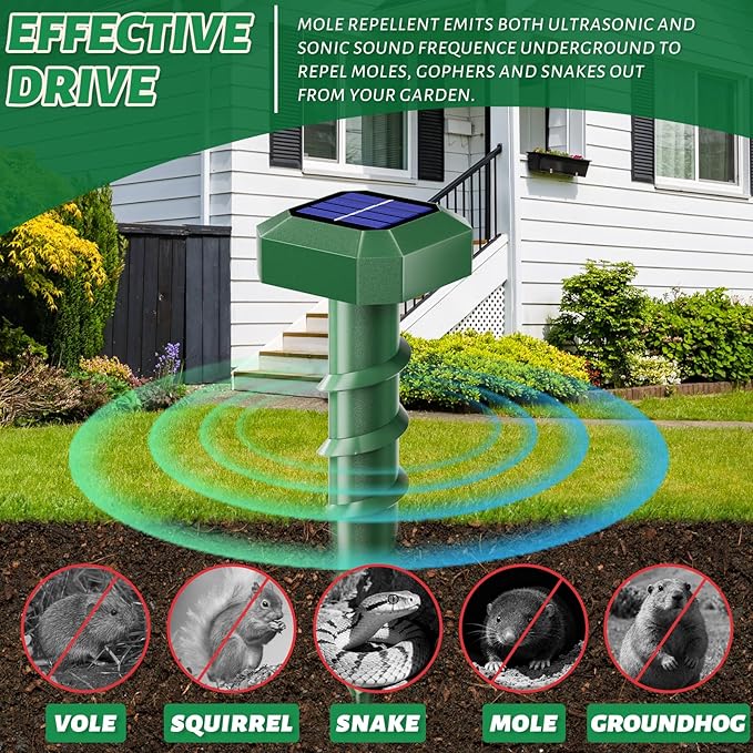 Mole Repellent Solar Powered 6 Pack,Ultrasonic Gopher Repellent,IP 65 Waterproof Outdoor Sonic Deterrent,Effective Get Rid of Snake Vole, Chipmunk Skunk Groundhog,Family & Pet Safe