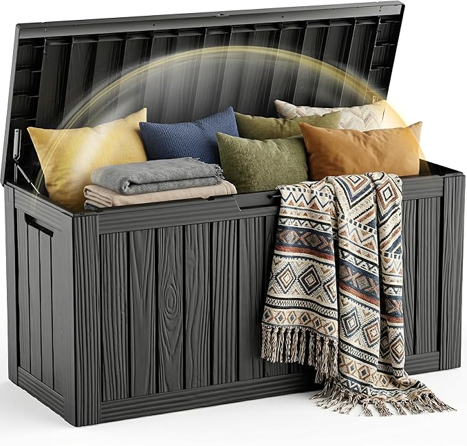 EFU Outdoor Storage Box 100 Gallon Deck Box (Indoor & Outdoor) Lockable UV Resistance Waterproof Resin Storage Bin Storage Box for Outdoor,Patio Storage With Support Rod(Black)