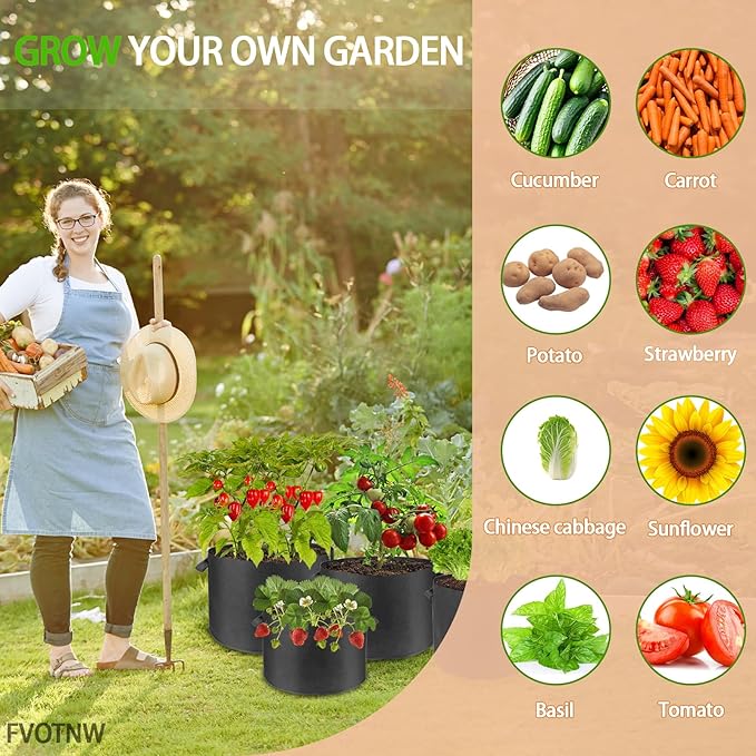 6-Pack 15 Gallon Grow Bags, 300g Non-Woven Fabric Planting Bags with Handles, Breathable Drainable Planter Bags for Vegetables, Flowers and Indoor Outdoor Gardening