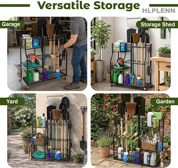 Garden Tool Organizer, Garden Tool Organizer Stand with Lockable Wheels, Metal Yard Tool Storage Rack for Long Handled Tools, Shovels & Rakes, Rustproof Tool Holder for Shed or Basement