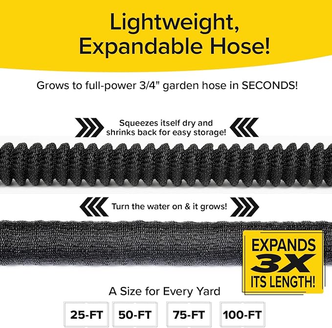Pocket Hose Silver Bullet 100 ft Turbo Shot Nozzle Multiple Spray Patterns Expandable Garden Hose 3/4 in Solid Aluminum Fittings Lead-Free Lightweight and No-Kink, Black