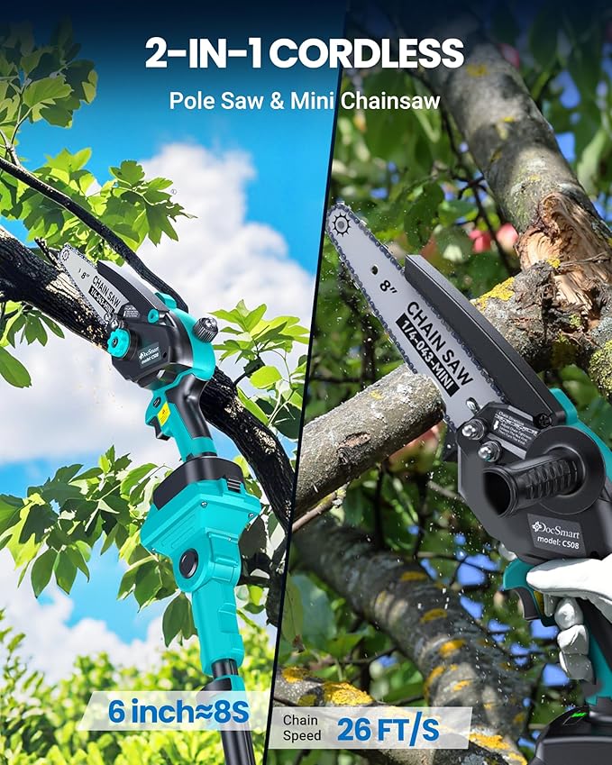 8" Electric Pole Saws for Tree Trimming,Brushless Mini Chainsaw Cordless with Extension Pole 2 Batteries, Battery Powered Hand Held Chain Saw Pole Pruner for Cutting Tree Limbs, Gifts for Father's Day