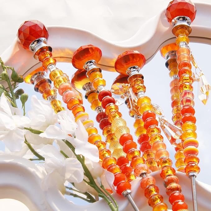 121 Pcs DIY Fairy Wand Beaded Garden Stakes Kit, Fairy Wands Garden Kit Orange Large Hole Bead with Pendants Crystal Stopper Top Threaded Rod Beaded Garden Stakes Supplies for Outdoor Decorative