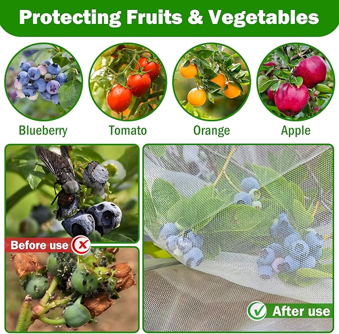 2 PCS Large Fruits Tree Netting Cover for Garden 10 x 10 ft Garden Insect Bird Barrier Plant Netting for Tomato Blueberry Bush Netting Covers Deer Cicada Netting Cover Bag with Drawstring