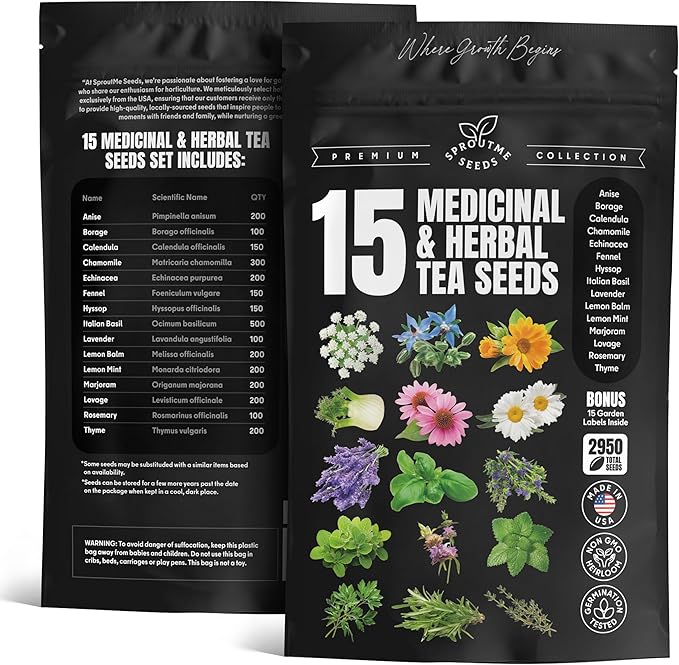 Medicinal Herb Seeds Variety Pack – Calendula, Echinacea, Lemon Balm, Hyssop & Lovage – 15 Varieties, 2950+ Non-GMO Heirloom Seeds, Indoor & Outdoor Growing