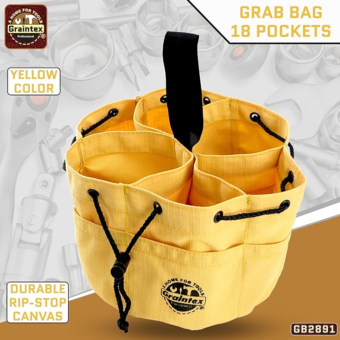 Graintex 18 Pockets Grab Bag Rip-stop Canvas Drawstring Closure, Small Part Organizer Pouch, Small Tools, Screws, Parts, Parachute Tool Bag for Efficient Storage - Yellow