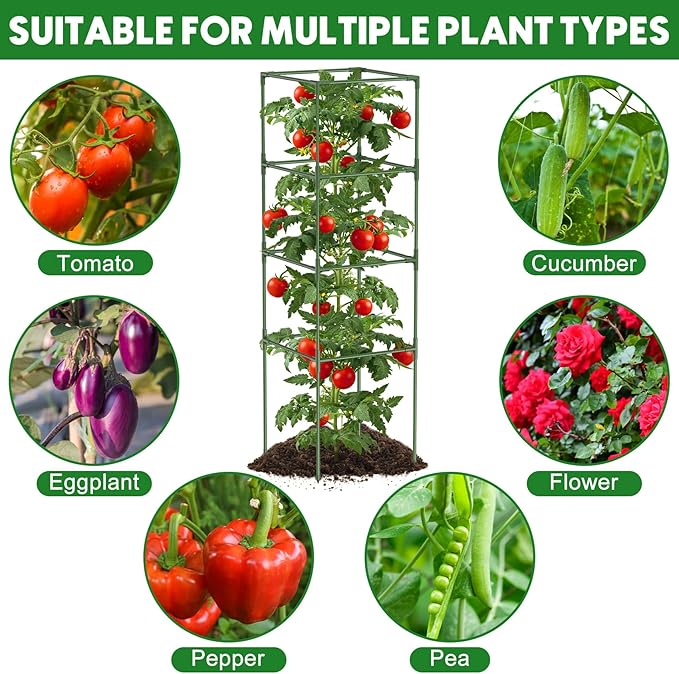 Unves 3 Pack Tomato Cage for Garden, 11.8" W x 53" H Square Tomato Trellis Plant Support Frame with 50 Pcs Plant Clips, Suitable for Climbing Vegetables, Flowers, and Fruits