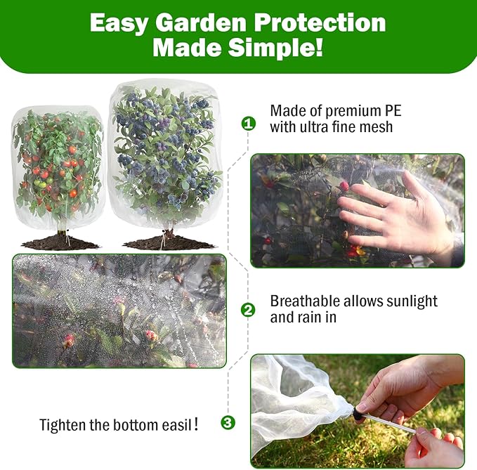6 Pack Garden Netting for Plants 2.6x3.3ft - 3.3x4.9ft Mesh Fruit Tree Blueberry Pest Barrier Bug Netting with Drawstring 2-Size Insect Bird Netting for Tomato Vegetable Net