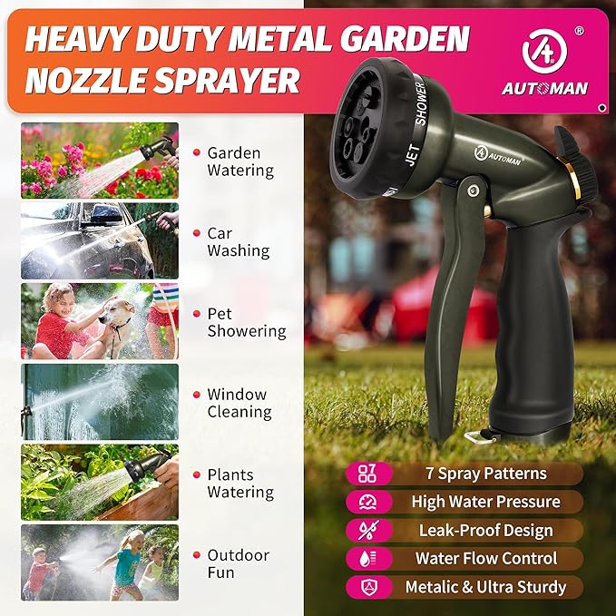AUTOMAN Garden Hose Nozzle -2 Pack, 100% Metal High Pressure Spray Nozzle, Labor-Saving Design, Heavy Duty Water Hose Nozzle for Garden Watering, Car Washing, Window Cleaning, Pets Bathing