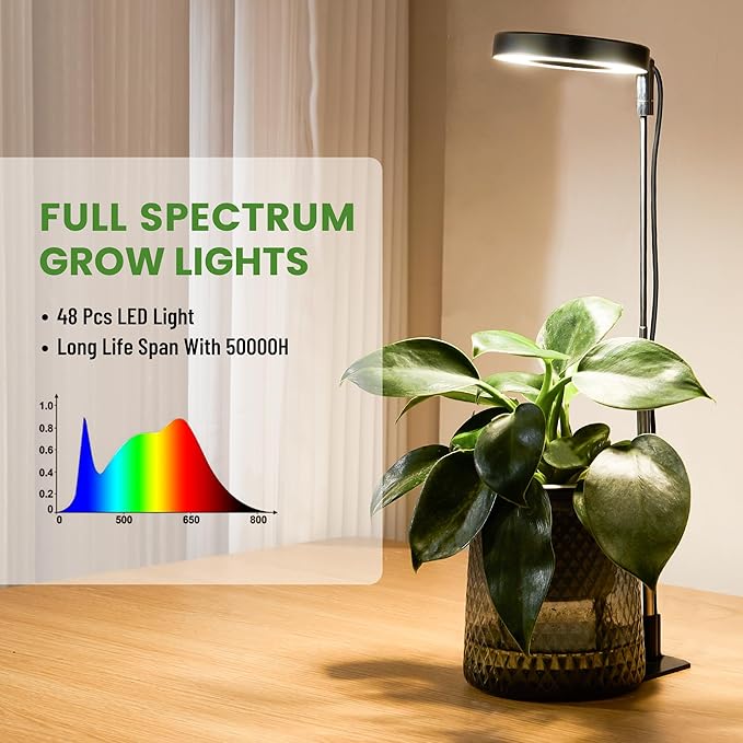 LBW Grow Light for Indoor Plants, Full Spectrum Halo Plant Grow Light with Base, Height Adjustable Plant Lamp with Auto On/Off Timer 4/8/12H, 4 Dimmable Brightness, for Small Plants, Black, 2 Packs