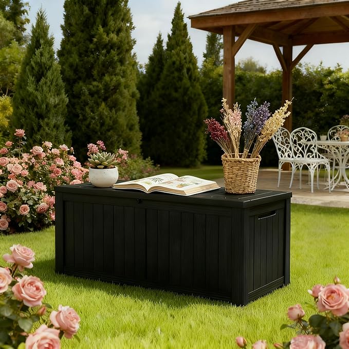 Oudoor Storage Deck Boxes Waterproof, Waterproof and UV Resistant Outdoor Storage Box Lockable Lid for Delivery Box, Indoor, Garden Tools, Pool Supplies, Patio (Black, 150 Gallon)