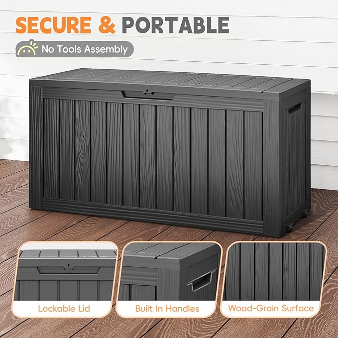 Outdoor Storage Box, 75 Gallon Deck Box Waterproof, Resin Patio Storage Bin for Package Delivery, Patio Furniture Cushion, Garden Tools, Pool Accessories, Weatherproof, Black