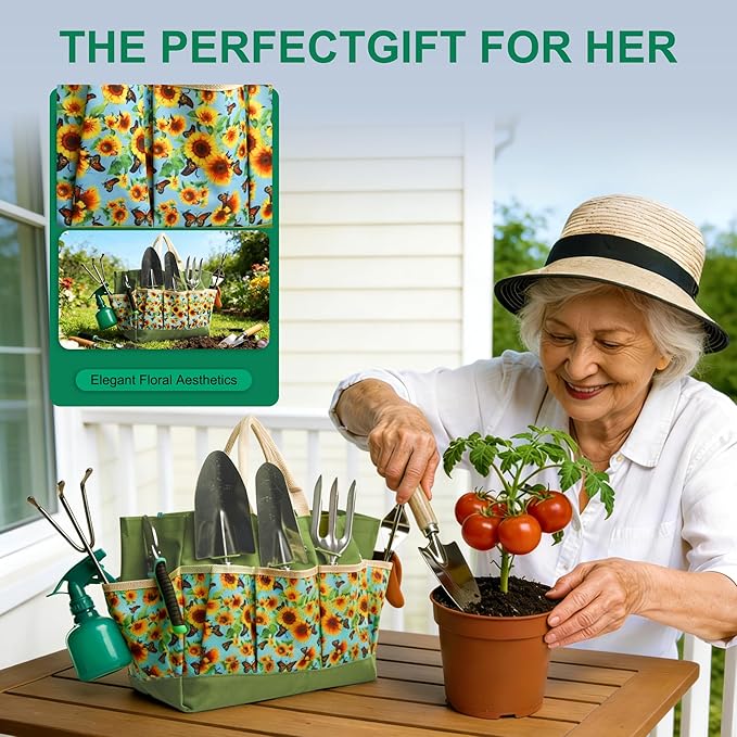 Garden Tool Set, 9 Pcs Heavy Duty Stainless Steel Gardening Hand Tool, Green Garden Tool Bag Kit w/Yellow Flower, Gardening Supplies Gifts for Women Men Mom Dad Gardener Beginner