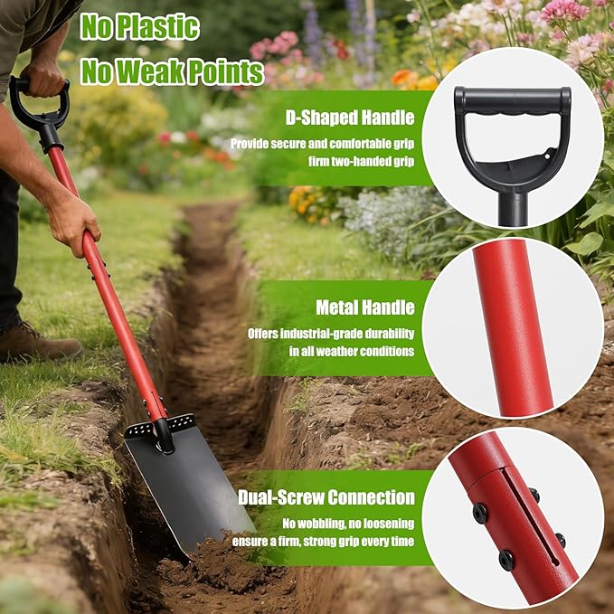 Garden Shovel, Heavy Duty Trench Shovel for Digging,12" Wide Sharp Narrow Spade, 47" Handle, Trench Shovel for Digging,Trenching, Planting,Scraping, Edging with Cutting Blade, D Handle, Foot Pedal