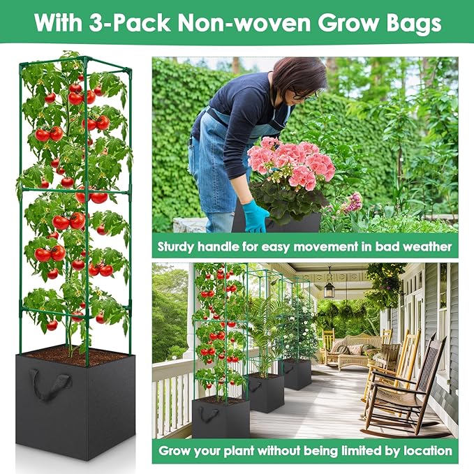 3 Pack Tomato Cages for Garden, Square Tomato Trellis with Grow Bags, 49 IN Tall Heavy Duty Tomato Plant Stakes Support Cages Trellis for Raised Beds Pots Garden Climbing Vegetables Flowers Fruits