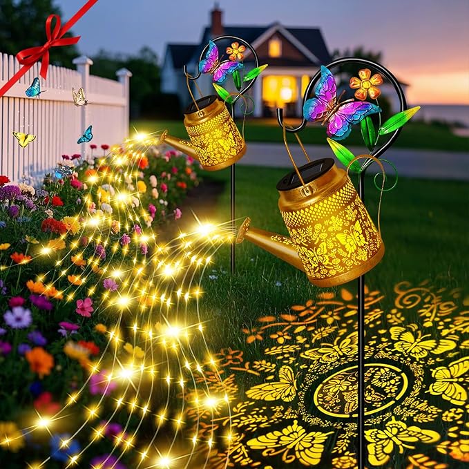 Mothers Day Gifts, Butterfly Solar Watering Can Lights, Outdoor Waterproof Garden Lanterns with Shepherd Hook, Solar Garden Decor for Yard Outdoor Landscape Pathway, Gift for Women Mom Grandma 2 Pack
