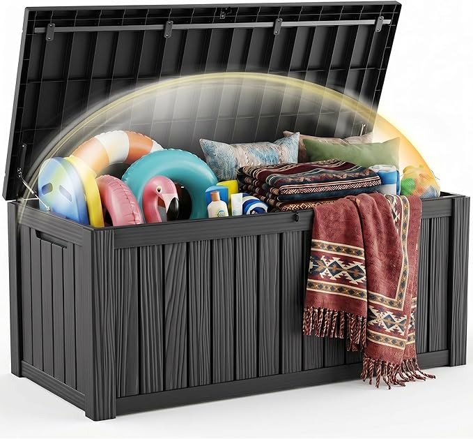 EFU Outdoor Storage Box 180 Gallon Deck Box (Indoor & Outdoor) Lockable UV Resistance Waterproof Resin Storage Bin Storage Box for Outdoor,Patio Storage With Support Rod(Black)