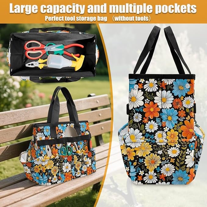 Hippie Flower Garden Tool Bag Portable Gardening Tool Organizer Bag with 10 Pockets and Handle Tool Carrier and Storage for Garden Lawn Yard Casual Camp
