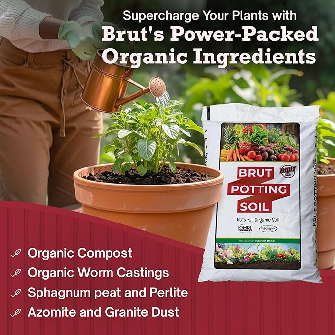 Brut Organic Potting Soil 1 CU FT – Premium Plant Soil with Organic Worm Castings, Trace Minerals & Perlite – Chemical-Free, Filler-Free – Ideal Potting Mix for Indoor & Outdoor Plants – Pack of 6