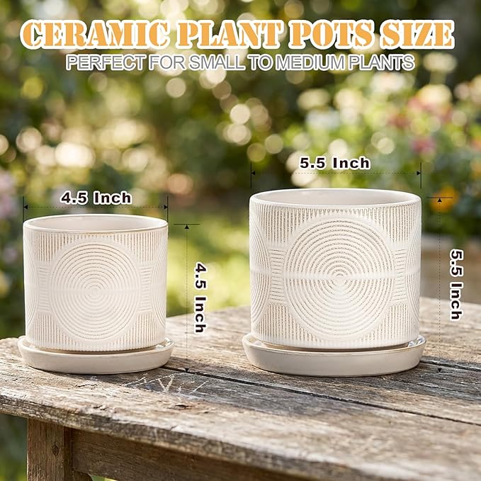 Ceramic Plant Pots, Pots for Plants(4.5+5.5inch), Flower Pots for Indoor planters with Drainage and Tray, Indoor Plant Pots for Succulents Cactus Herbs - Small Planters for Home Office Decor