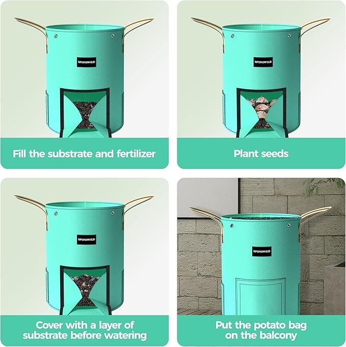 4 Pack 15 Gallon Potato Grow Bags, PE Garden Planter Bag with Breathable Screen Windows and Reinforced Handles, Ideal for Potatoes, Tomatoes, Carrots and Onions