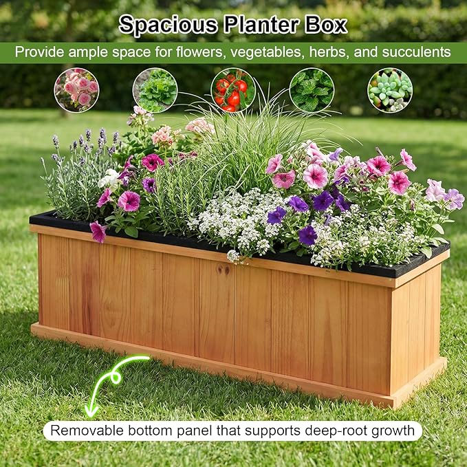 Giantex Outdoor Raised Garden Bed Set of 2, 40” x 13” x 12” Pine Wood Planter Box w/ 3 Drainage Holes, Removable Bottom & Bed Liner, Rectangular Flower Container for Vegetables Herbs, Indoor & Outdoor
