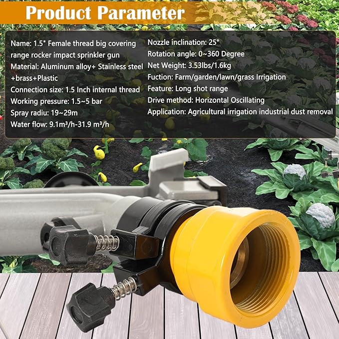 1.5" Agriculture Farm Irrigation Sprinkler Lawn Sprinkler Irrigation Spray Gun Large-Area Watering Spray 360° Rotary Farm Lawn Garden Irrigation Female Thread Aluminum Alloy with Nozzle Set