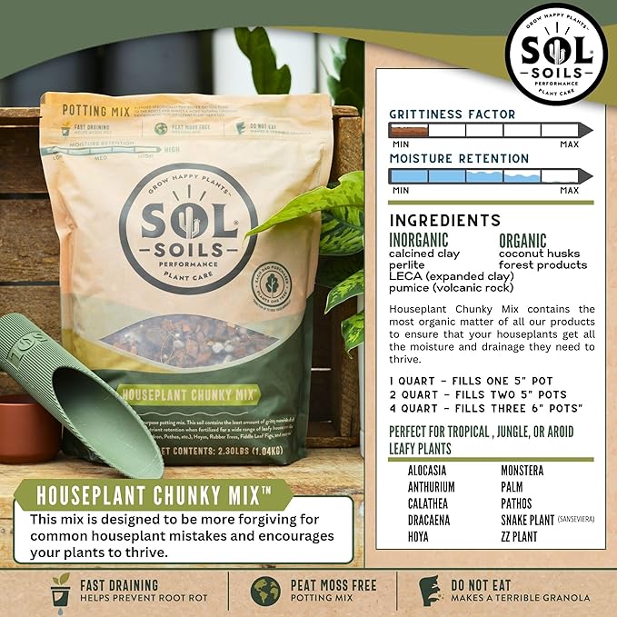 Sol Soils Houseplant Chunky Mix - Fast Draining, Chunky Soil Mix for Indoor Plants - 1 Gallon - Coco Coir, Perlite, Pumice