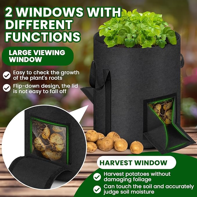 4 Pcs Upgraded 10 Gallon Potato Grow Bags with Harvest Window & Visible Window, Sturdy Handle, Thickened Non-Woven Planter Pots Potato Growing Container for Tomato Vegetable (Multicolor)