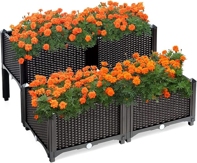 S AFSTAR Raised Garden Bed Kit, Set of 4, Elevated Planter Boxes with Self-Watering Design & Removable Legs, Outdoor Plastic Planter Box for Patio Yard Balcony Gardening, Rattan Pattern (Brown)