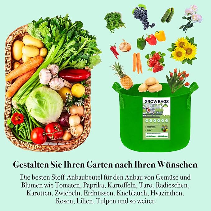 10 Gallon Multicolor Grow Bags, Non-Woven Fabric Pots Garden Plant Tomato Planter Bags for Vegetables Flowers, 5-Pack