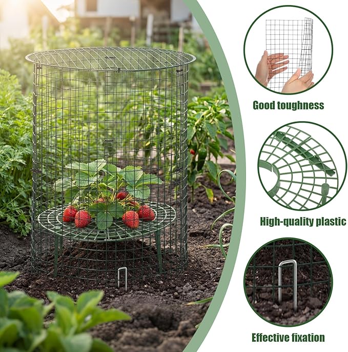 BreezeHug 6 Sets Plant Protectors from Animals with Strawberry Supports, 12x14 Inch Wire Plants Protector Cages with Detachable Covers & Zip Ties & Stakes for Strawberry Flower Vegetable Protection