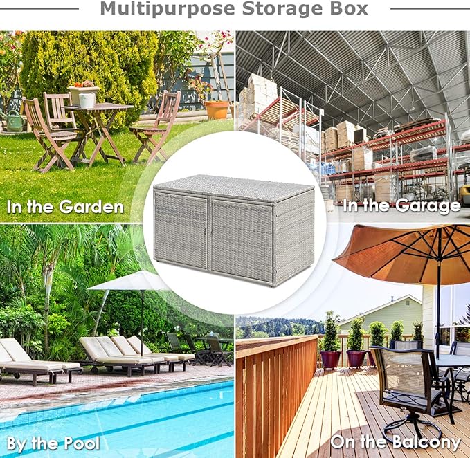Tangkula Outdoor Wicker Storage Box, Garden Deck Bin with Steel Frame, Rattan Storage Box with Lid, Ideal for Storing Tools, Accessories, 88 Gallon Capacity (Grey)