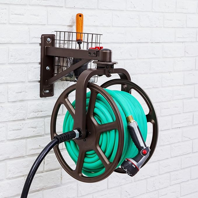 Liberty Garden Single Arm Navigator Hose Reel with Pull Up Latch, Bronze