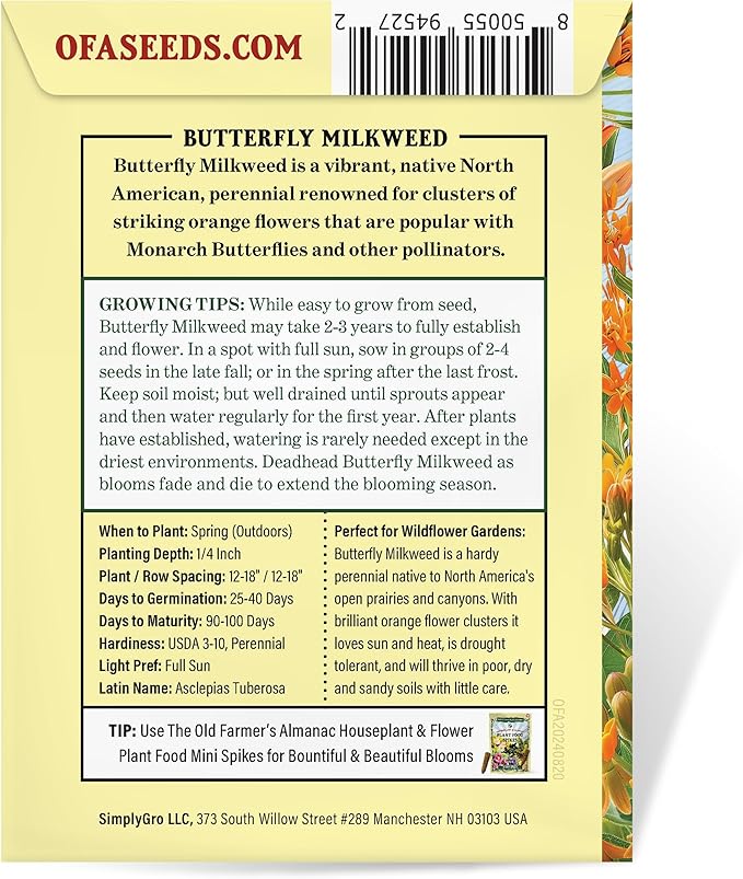 The Old Farmer's Almanac Butterfly Milkweed Flower Seeds - Premium Non-GMO, Open Pollinated, USA Origin (1 Packet - 400 MG - Approx 40 Seeds)