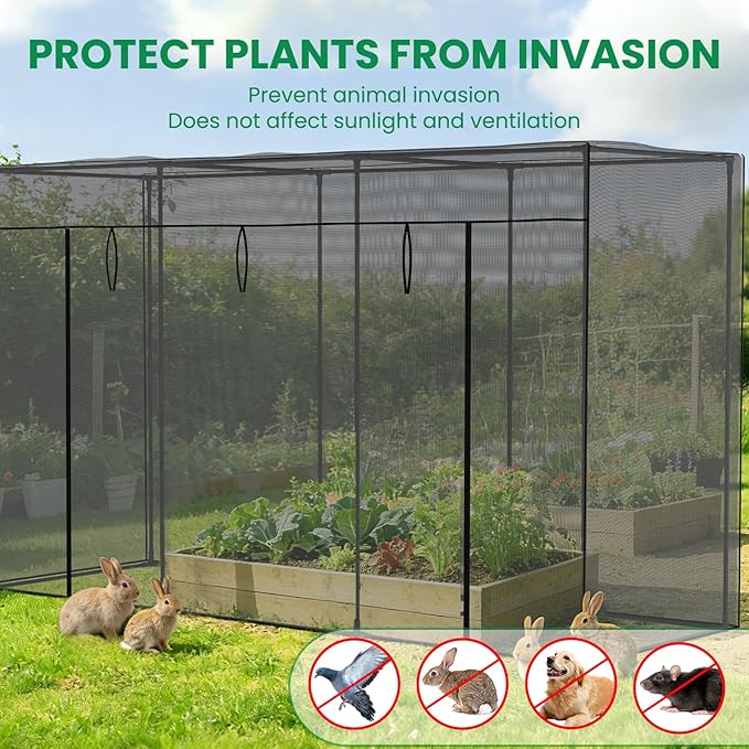SUNYRISY Garden Plant Netting Crop Cage for Garden Raised Bed, 11.8 x 4 x 6 Ft Plant Cover Cage Protectors from Animal for Outdoor Plants with Frame and Zippered Door, Black