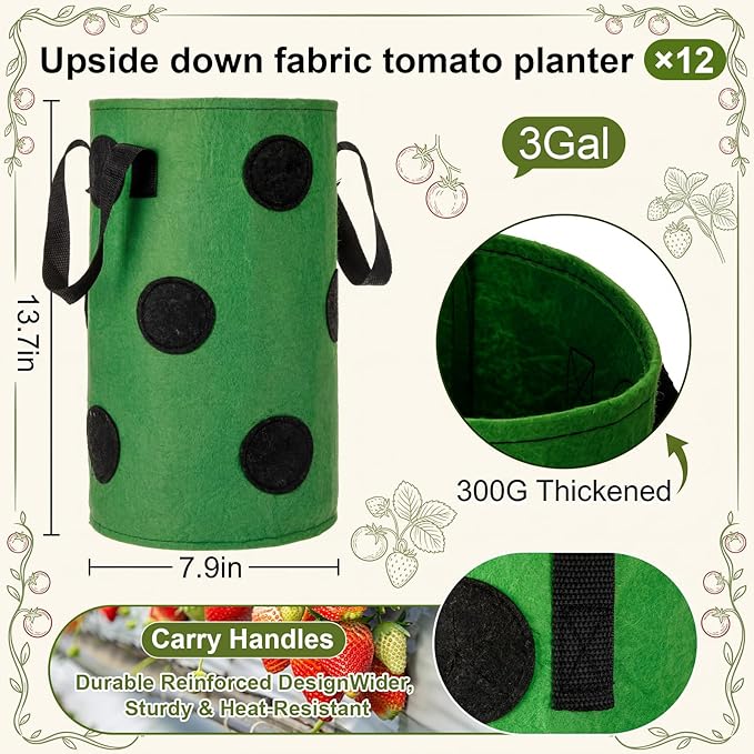 12-Pack Upside Down Grow Bags for Strawberries, Tomatoes & Vegetables - 3 Gallon Hanging Planters with 12 Planting Holes, Dark Green Breathable Fabric Garden Bags for Outdoor Herbs & Fruits