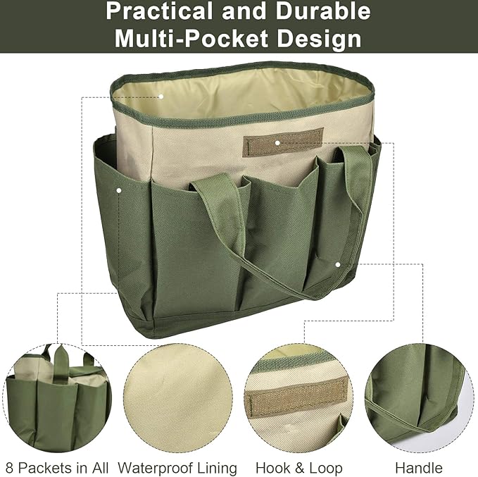 Garden Tool Bag, Garden Tote Bag With 8 Pockets, Canvas Garden Tool Storage Bags, Heavy-duty Large Organizer Bag for Garden Tool Kit, Gardening bag for women Men Indoor and Outdoor Gardening