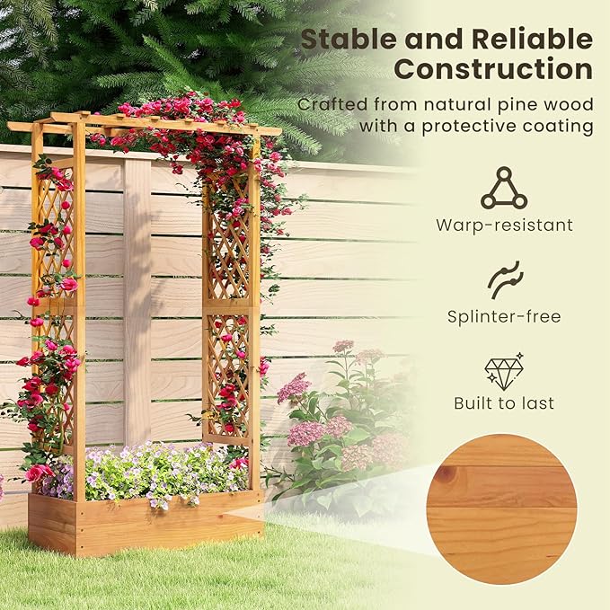 Happygrill 70” Raised Garden Bed with Trellis, Wood Planter Box w/Hanging Roof, 2 Side Trellises, Open-ended Base for Flower, Vegetable, Vine Climbing Plant, Vertical Plant Container for Garden, Patio