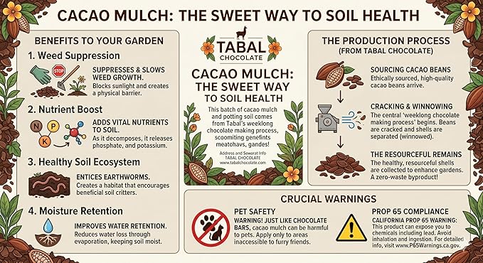 Tabal Chocolate Cacao Shell Mulch - 3.5 lbs - Organic Garden Soil Conditioner for Weed Suppression, Moisture Retention & Nutrient Enrichment - Enhances Soil Health & Adds Chocolate Aroma